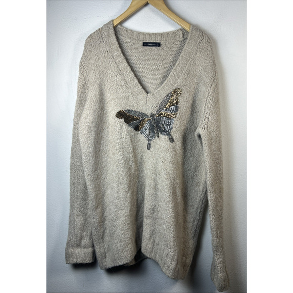 Zara Women's Tan Beige Alpaca Wool Knit Butterfly Sequin Beaded Sweater small - Picture 2 of 12